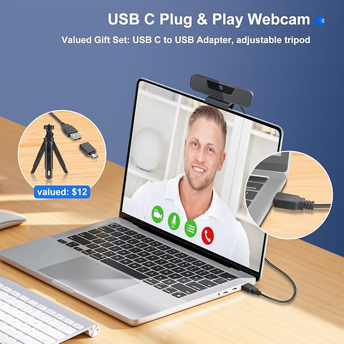 4K Auto Focus Webcam for PC, 4 AI Noise-Canceling Mics UHD Web cam, Auto Light Correction, 85°FOV Computer Web Camera, USB C Plug&Play Webcam with Tripod & Privacy Cover Works w/Zoom/Skype/Google-DeskLoop Office