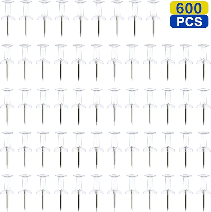 Clear Push Pins 600pcs Standard Thumb Tacks Steel Point Transparent Plastic Head Pins for Hanging Photo Posters Craft Marking Map Wall Cork Board-DeskLoop Office