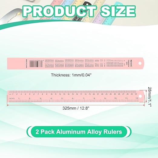 PATIKIL 30cm/12 Metal Ruler, 2 Pack Aluminum Alloy Rulers with Centimeters, Millimeters, Inches and Conversion Table Straight Edge Ruler for Writing Machinist Drafting, Pink-DeskLoop Office