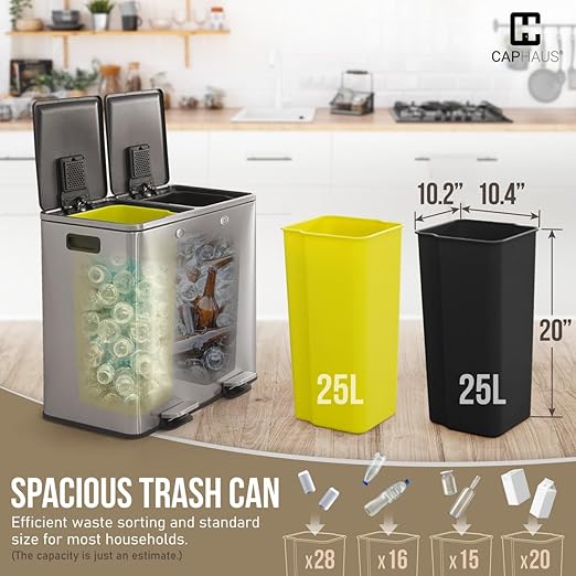 CAPHAUS Dual Trash Can with Double Lid, Trash and Recycle Bins Combo, Hands-free Stainless-Steel Garbage Can for Kitchen, with 2 Compartment, Hinged Lid, Odor Filters, Handles, 25L+25L, 2 x 6.6 Gallon-DeskLoop Office