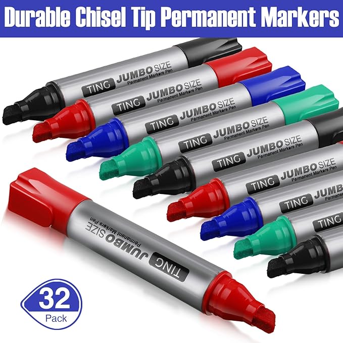 Fuutreo 32 Pcs Jumbo Permanent Markers Bulk Large Chisel Tip Permanent Markers Waterproof Jumbo Pens Quick Drying Office Teacher Supplies(Black, Green, Blue, Red)-DeskLoop Office