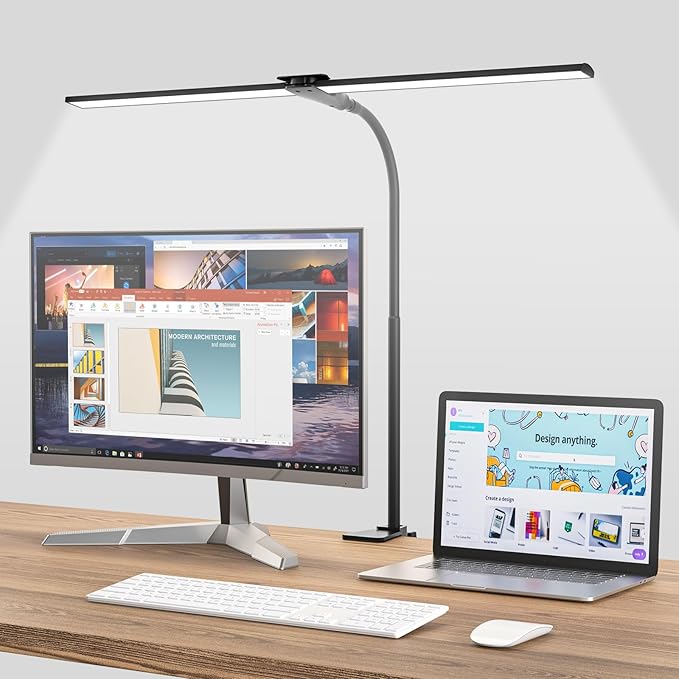 LED Desk Lamp for Home Office, Bright Double Head Desk Lamp with Clamp, Dimmable 5 Color Modes Desk Lighting, 12W Eye-Caring Architect Table Lamp for Workbench, Monitor, Reading, Study, 1400lm-DeskLoop Office