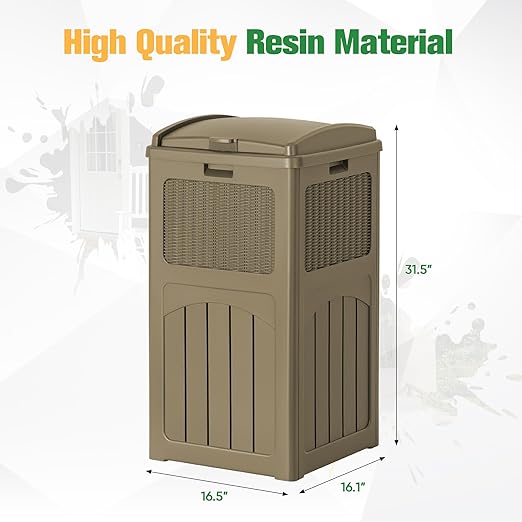 Flamaker 30 Gallon Trash Can, Resin Outdoor Garbage Can with Lid, Waterproof Hideaway Patio Waste Bins for Outside Use (Brown)-DeskLoop Office