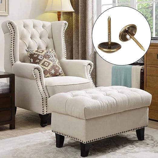 500Pcs Decorative Upholstery Tacks, 7/16” Antique Furniture Nails Pins, Brass Finish Metal Thumb Tack Stud Push Pins for Sofa Chair Bed Headboard, Upholstery Pin Assortment Kit for Furniture Décor-DeskLoop Office