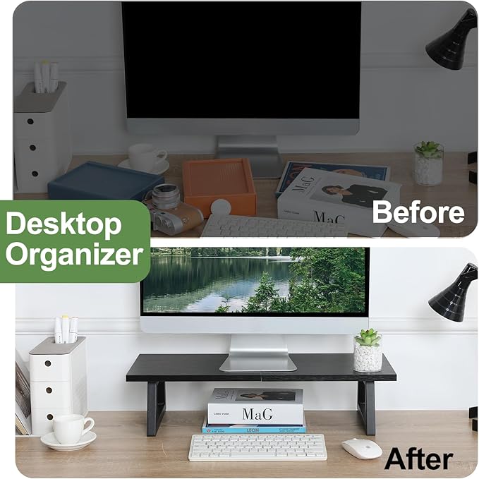 TEAMIX 24 inch Monitor Stand Riser, Black Wood & Steel Computer Monitor Stand with Storage, Laptop, PC, Printer Stand Riser for Desktop Office Desk Organizers-DeskLoop Office