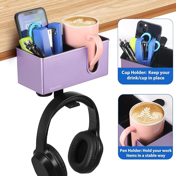 Rosyline 3-in-1 Clip-on Desk Organizer for Expanding Office and Gaming Space - Pen, Headphone, and Desk Item Holder (Purple)-DeskLoop Office