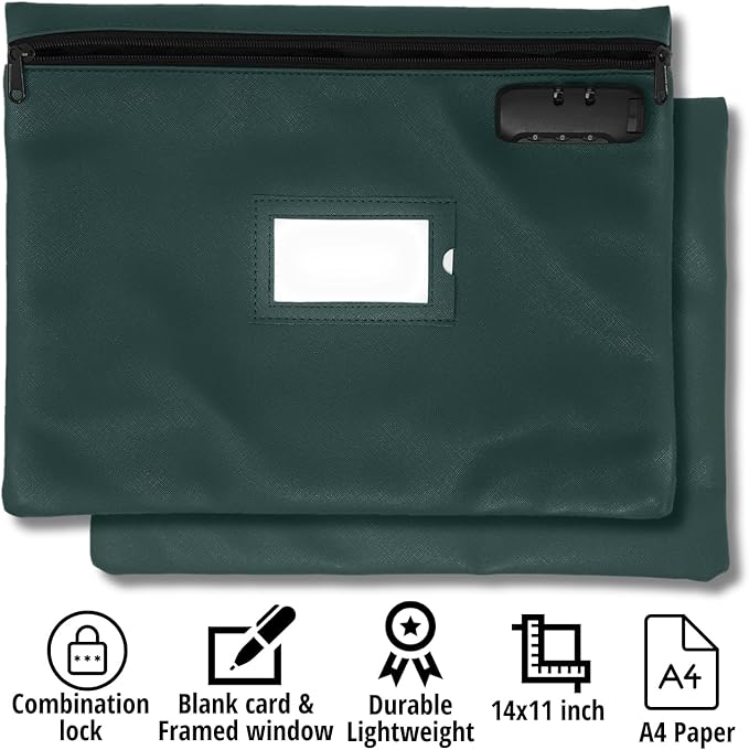 Notary Bag with Lock | 14x11 inch | Green | Zipper Notary Supplies Bag | Locking Notary Bag for Notary Kit, Stamp, Embosser, Ink Pad, and Valuables | Locking Document Bag | Journal Carrying Case-DeskLoop Office