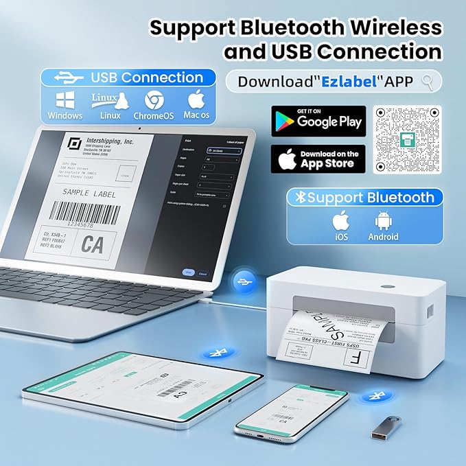 vretti Bluetooth Shipping Label Printer - 4x6 Thermal Printer for Shipping Packages and Small Businesses, Label Printer Supports Android/iPhone/Windows, Compatible with Shopify, Ebay, USPS, Amazon-DeskLoop Office
