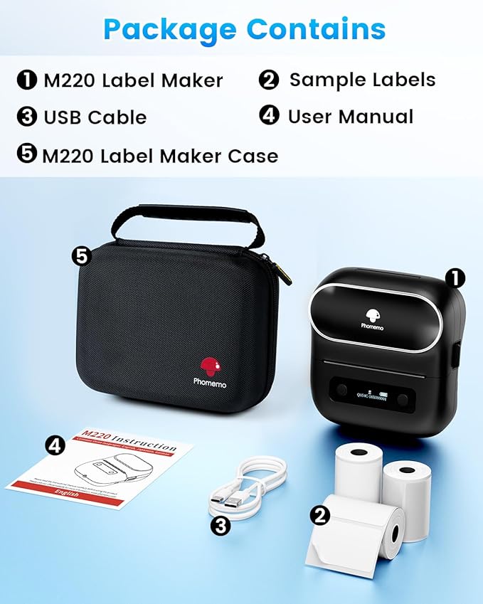 Phomemo Label Maker, M220 Thermal Label Printer, 80mm Portable Bluetooth Barcode Printer Compatible with Andriod/iOS for Home, Office, Small Business, with 3 Packs Label & Case-DeskLoop Office
