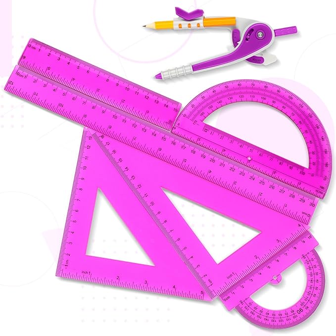 Zonon 1 Set Plastic Geometry Math Set 7 Pcs Includes 6'' / 4 '' Protractor, Drawing Compass, 45/60 Degree Triangle Rulers, 12'' / 6'' Math Ruler Transparent for Office Supplies(Purple)-DeskLoop Office