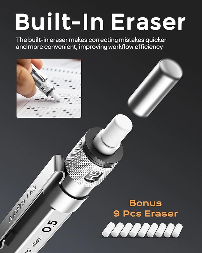Nicpro Blocky Gear 0.5 mm Mechanical Pencil Set in Case, Metal Pencil with Lead Refills, Eraser for Professional & Adult Art Writing Drafting Drawing-DeskLoop Office