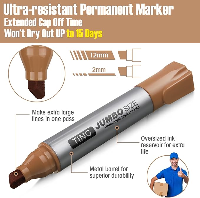 Fuutreo 10 Pack Jumbo Permanent Markers Bulk Large Chisel Tip Permanent Markers Quick Drying Waterproof Big Huge Poster Pens for Office, Logistics Company and More(Brown)-DeskLoop Office