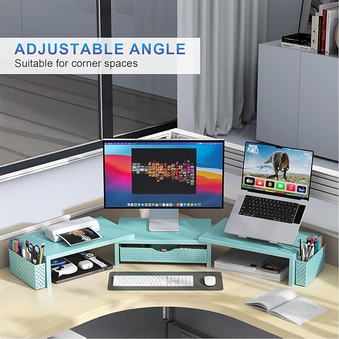 gianotter Dual Monitor Stand Riser, Desk Organizer With Drawer and 2 Pen Holders, Monitor Stand for Desk, Office Decor Essentials (Blue)-DeskLoop Office