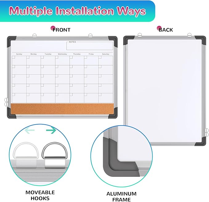 Monthly Calendar Whiteboard Dry Erase Cork Board Combination for Wall, 24"x18" Magnetic Dry Erase Board, Double-Sided White Board, Portable Board for Office, Kitchen, Planning, Memo, School, Home-DeskLoop Office