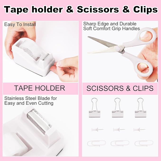 White Desk Organizers and Accessories 10Pcs Set with 360-Degree Rotating Pen Holder, Tape Dispenser, Stapler, Staple Remover, 1000 Staples, Tape, Clips Set, Ruler, Scissor, Pen (White)-DeskLoop Office