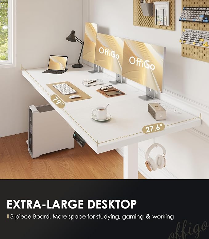 OffiGo Electric Standing Desk with 3-Piece Board, 79 Inch Height Adjustable Large Desk with Power Outlets, Sit Stand Table, Writing Computer Workstation for Home, Office, White-DeskLoop Office