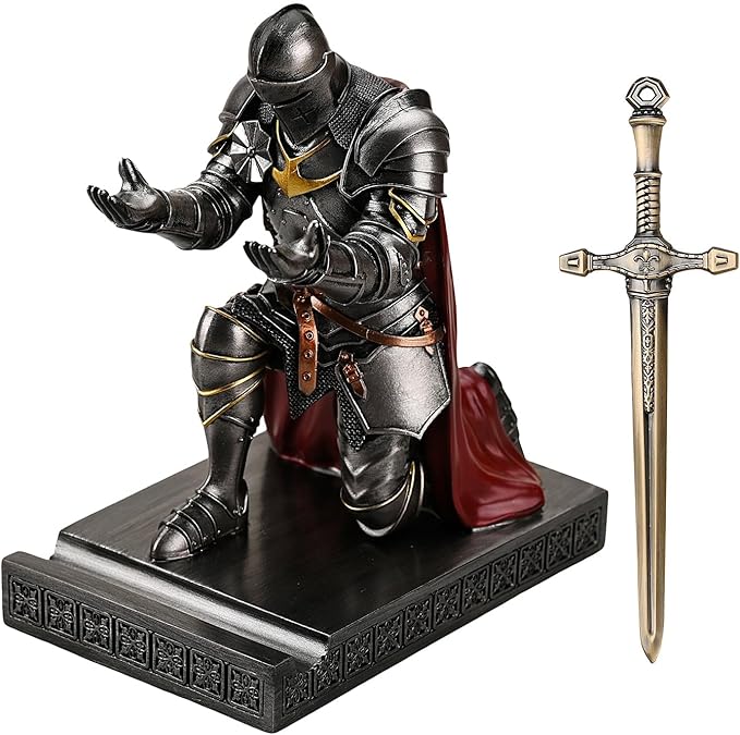 Medieval Armored Warrior Wearing Outerwear, Mobile Phone Stand Knight Pen Holder Desk Organizers, Resin Bookends Paperweight with a Letter Opener for Desk (Iron)-DeskLoop Office
