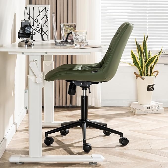 Kidol & Shellder Faux Leather Office Chair, Adjustable Swivel Height Task Chair, Rolling Wheels & Soft Backrest - Armless Ergonomic Desk Chair for Home, Office,Vanity,Gaming(Bean-Green)-DeskLoop Office