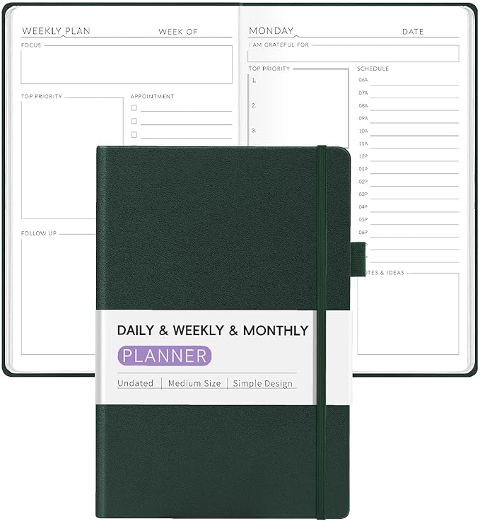 Undated Weekly Planner for 2025, Forvencer Daily & Weekly & Monthly Calendar Planner, Cute Daily Organizer Notebook, Agenda Journal to Track Goals & Tasks, Start Anytime, A5 Size, Dark Green-DeskLoop Office