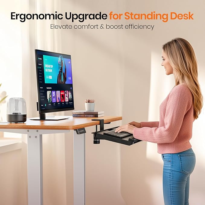 Klearlook Keyboard Tray Under Desk with 360° Rotation, Ergonomic Computer Keyboard & Mouse Tray 25"W×11.02"D Sit Stand Desk Keyboard Holder w/Wrist Rest & Storage Drawer (Height is not Adjustable)-DeskLoop Office