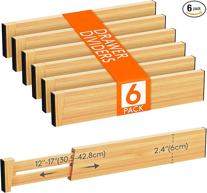 Lifewit 6 Pack Drawer Dividers Bamboo 2.4" High, 12-17" Adjustable Drawer Organizers for Clothes, Wooden Dresser Separators in Bedroom/Bathroom/Kitchen/Fridge/Office Organization and Storage-DeskLoop Office