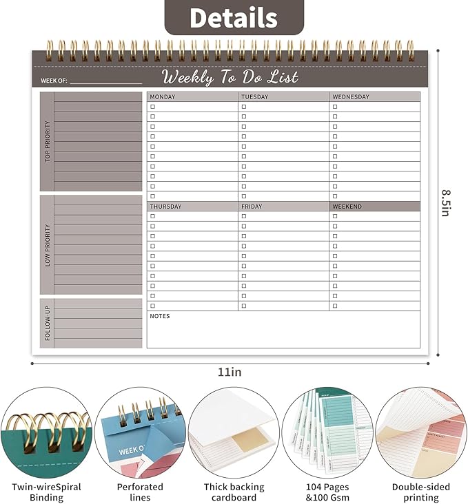 Weekly To Do List Notepad, 52 Undated Sheets (8.5"×11") Duplex-printed Weekly Planner Notepad For Work Home School Office Desk Accessories Supplies & Goal Setting Tasks - Brown-DeskLoop Office