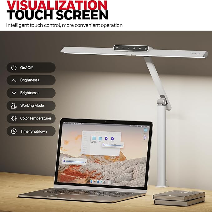 Honeywell LED Desk Lamp with Clamp - HJ1 Sunturalux Eye-Caring Clip on Lights for Home Office, 1200LM Clamp Lamp 4 Color Modes Stepless Dimming Task Desk Light for Working White-DeskLoop Office