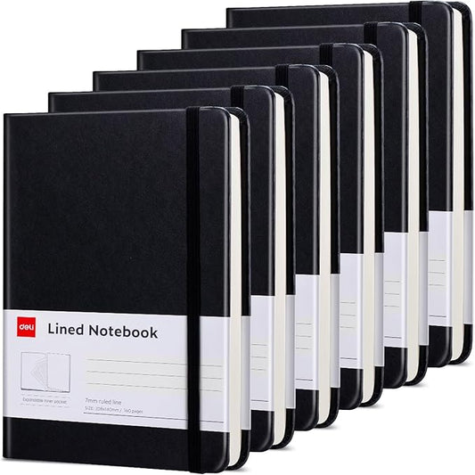 deli 6-Pack Black Lined Journal Notebook, 160 Pages Hardcover Writing Notebook, A5 (5.5"x8.2") College Ruled Notebook for Office, School, Work Notes-DeskLoop Office