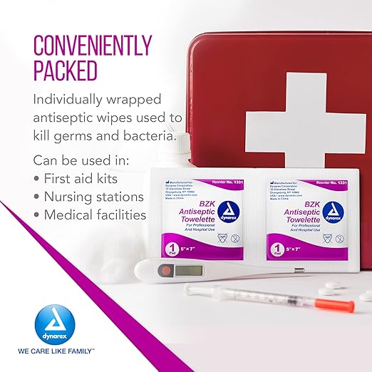Dynarex BZK Antiseptic Towelettes - 5"x7" - Benzalkonium Chloride, Hand Sanitizing Wipes or First Aid Wound Wipes, 1 Case of 1000 (Packaging May Vary)-DeskLoop Office