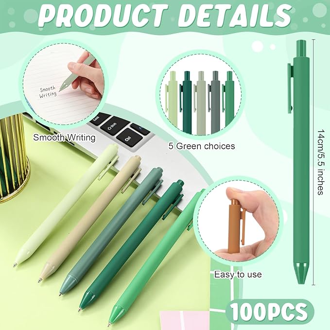 100 Pcs Ballpoint Pens Bulk Retractable Writing 1. 0 mm Black Ink Cute Pens Smooth Writing Color Fancy Gift for Teacher Student Employee Office School Home Baby Shower Supplies (Green Series)-DeskLoop Office