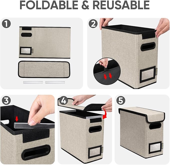 BALEINE File Organizer Box with Lid, Collapsible File Folder Organizer with Plastic Slide, Hanging File Folder Box for Office Document Storage (1 Pack, Beige, S)-DeskLoop Office