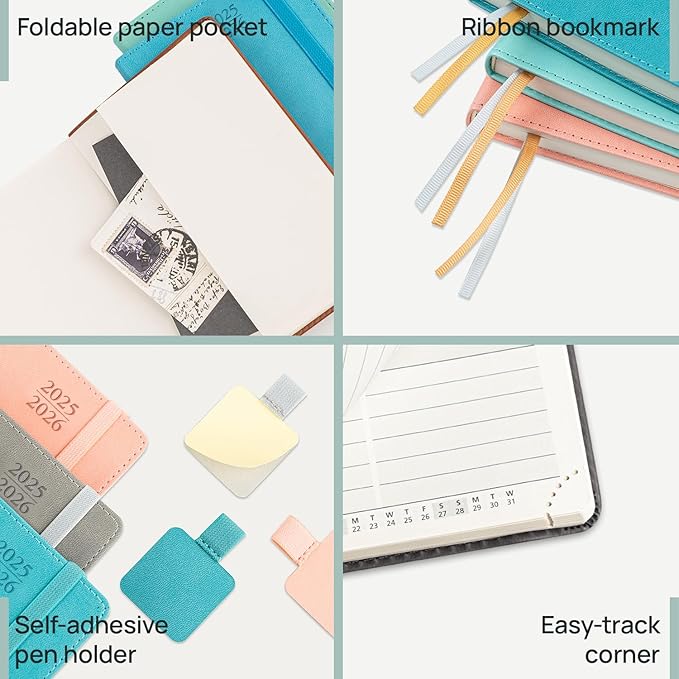 POPRUN Pocket Planner 2025-2026 (Purse Size 4'' x 6.25'') Academic Purse Calendar (July 2025 - June 2026) with Hourly Time Slots, 100GSM Thick Papers, Leather Soft Cover - Blue Green-DeskLoop Office