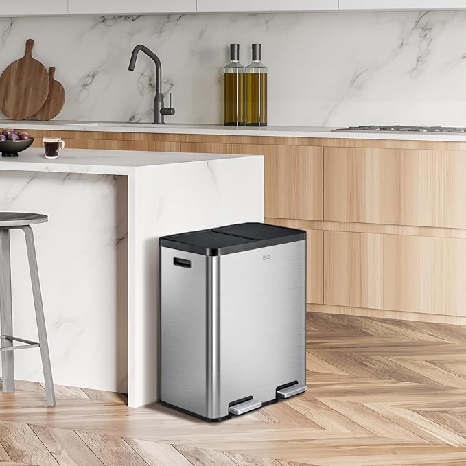 EKO Essential 8+8 Gallon Dual Trash Can, Kitchen Step Recycle Trash Can with Dual Removable Bucket, Independent Lids and Pedals, Brushed Stainless Steel-DeskLoop Office