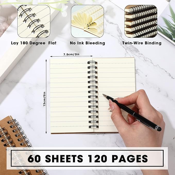 100 Pcs Spiral Memo Pads 5 x 3'' Small Pocket Spiral Journal Notepad Ruled Notebook Sketchbook Kraft Cover Notebooks, 120 Pages for Note Taking Business Office School Supplies (Kraft Color)-DeskLoop Office