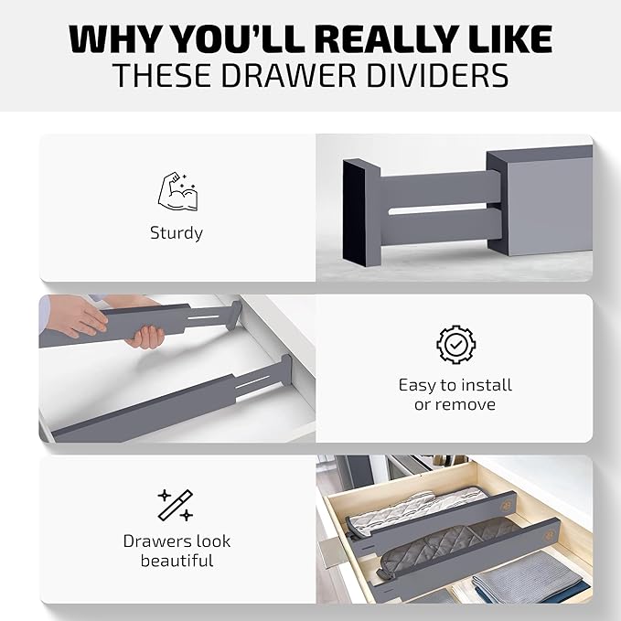 4 Pack Drawer Dividers Bamboo 2.6" High, 16-22" Adjustable Drawer Organizers for Clothes, Expandable Dresser Separators in Bedroom/Bathroom/Kitchen/Office Organization and Storage (Grey)-DeskLoop Office
