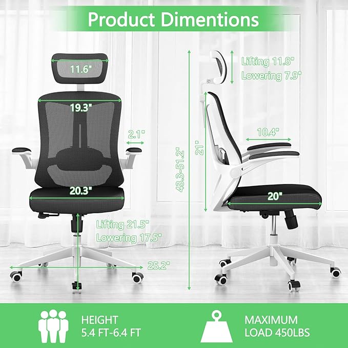 Office Desk Chair, High Back Ergonomic Comfy Offiec Chairs, Computer Mesh Chair with Folding Arms, Adjustable Headrest, Capacity 350LBS, Lumbar Support-DeskLoop Office