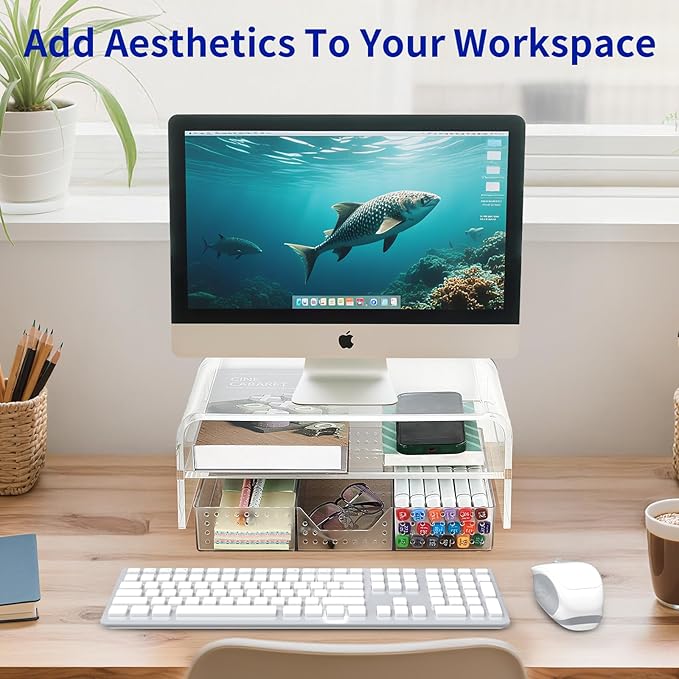 Acrylic Clear Desk Organizers and Accessories, 2-Tier Computer Monitor Stand Riser with Drawer, Laptop Stand, Office Desk Accessories for Office Supplies, Transparent-DeskLoop Office