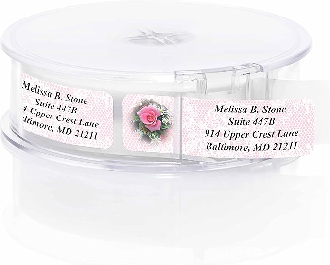 Romantic Rose Designer Rolled Address Labels with Elegant Plastic Dispenser-DeskLoop Office