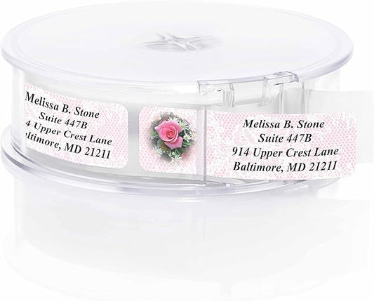 Romantic Rose Designer Rolled Address Labels with Elegant Plastic Dispenser-DeskLoop Office