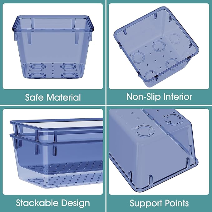 WOWBOX 25 PCS Plastic Drawer Organizer Set, 4 Sizes Desk Drawer Divider Organizers and Storage Bins for Makeup, Jewelry, Gadgets for Kitchen, Bedroom, Bathroom, Office, Clear Dark Blue-DeskLoop Office