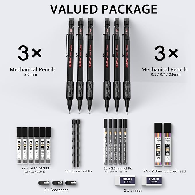 Nicpro Metal Mechanical Pencil Set, 3PCS Art Drafting Pencil 0.5, 0.7, 0.9MM & 2PCS 2MM Mechanical Drawing Pencils with 126 Lead(4B 2B HB 2H 4H Color) Weatherproof Barrel for Writing Sketching Drawing-DeskLoop Office