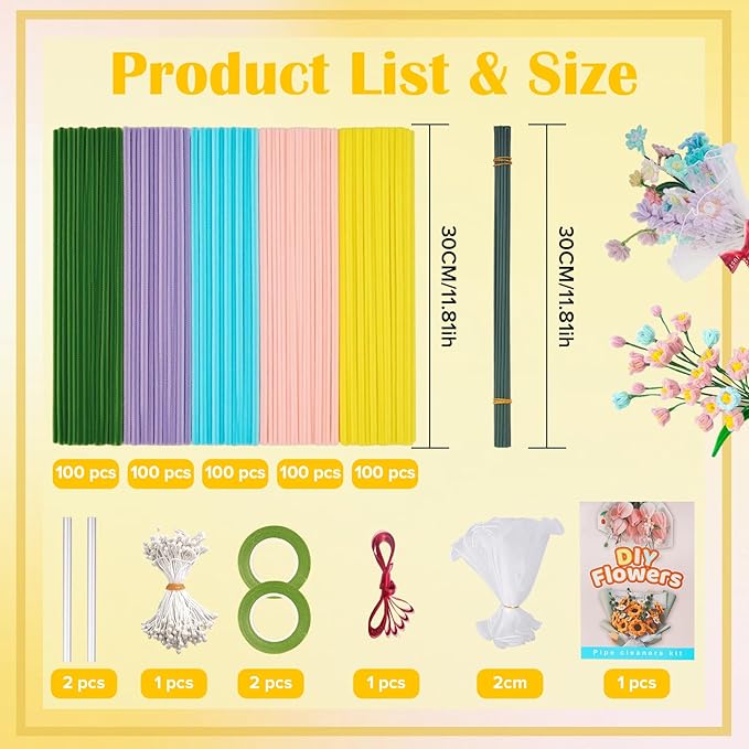 500 PCS Pipe Cleaners Craft Kit for Flower Making Daisy DIY Material Bundle with 20 Stems, 100 Stamens, Ribbon, Tulle, Glue Sticks & Step-by-Step Guide - Vibrant Colors, Non-Shedding, Fade-Resistant-DeskLoop Office