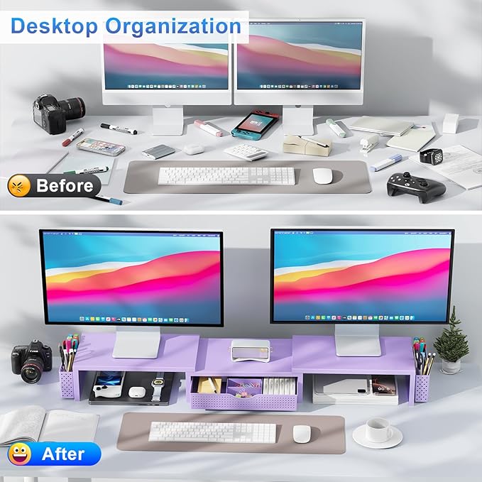 gianotter Dual Monitor Stand Riser, Desk Organizer With Drawer and 2 Pen Holders, Desk Organizers and Accessories, Purple Office Decor (Purple)-DeskLoop Office