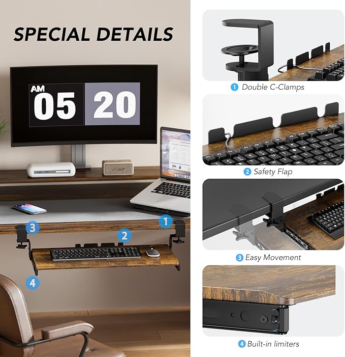 Keyboard Tray Under Desk Pull Out with Extra Sturdy C Clamp Mount System, 27.3 (32.5 inch Including Clamps) x 11 Inch Slide-Out Platform Computer Drawer for Typing Vintage AX01WG02-DeskLoop Office