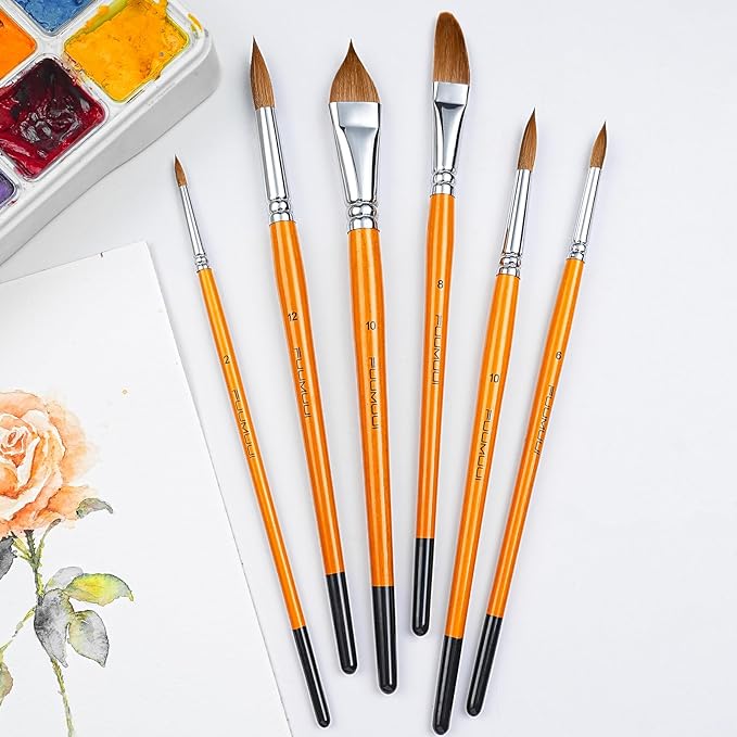 Sable Watercolor Brushes Kolinsky Watercolor Paint Brushes for Artists Professional 6pcs - Pointed Rounds Cat Tongue Oval Wash Dagger for Watercolor Acrylics Inks Gouache Painting-DeskLoop Office