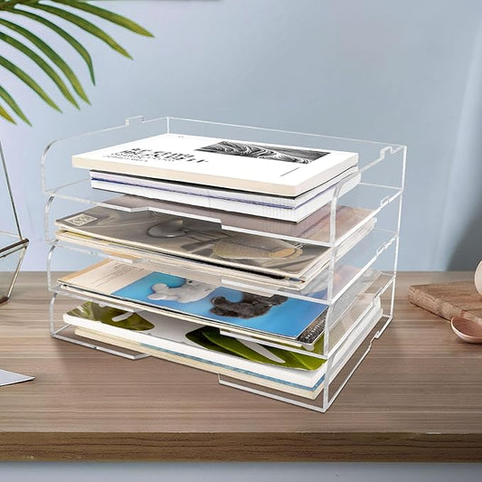 4 Pack- Stackable Paper Letter Tray,Clear Acrylic Magazine Holder and File Organizer - Sleek Desk Organizer for Home Office, Bookshelf, or Workspace - Space-Saving Transparent Document Holder-DeskLoop Office