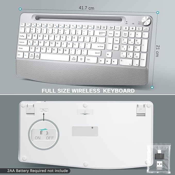 JOYACCESS Ergonomic Wireless Keyboard, 2.4GHz Cordless USB Full-Size Keyboard with Wrist Rest, Quiet Design & Numeric Keypad, Phone Holder for Desktop, Laptop, PC, Mac, Windows -Silver White-DeskLoop Office