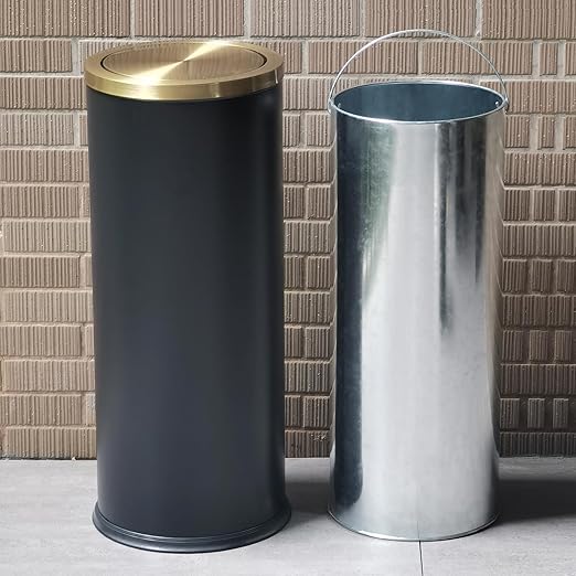 Brushed Gold Kitchen Trash Can with Swing Lid 7.8Gallon,Stainess Steel Commercial Garbage Can Wastebaskets for Shopping mall,Hotel Lobby,Airport, Alevator Using (Black with gold lid, 7.8 gallon)-DeskLoop Office