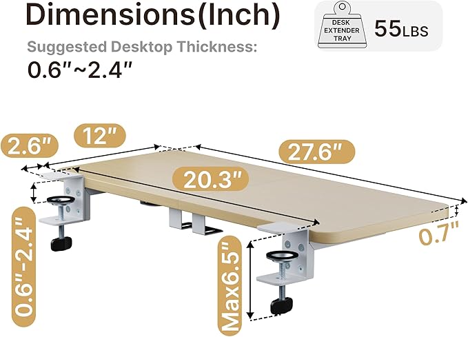 Desk Extender Tray, 28" x 12" Clamp On Desk Shelf, Desk Extension with Laptop Holder, Table Desk Arm Rest, Clamp On Keyboard Tray for Office and Home, Workstation Organizer, Large, Wood-DeskLoop Office