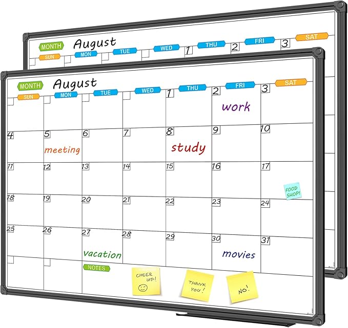 JILoffice Dry Erase Calendar Whiteboard - Magnetic White Board Calendar Monthly 36 X 24 Inch, 2 Pack, Black Aluminium Frame Wall Mounted Board for Office Home and School-DeskLoop Office